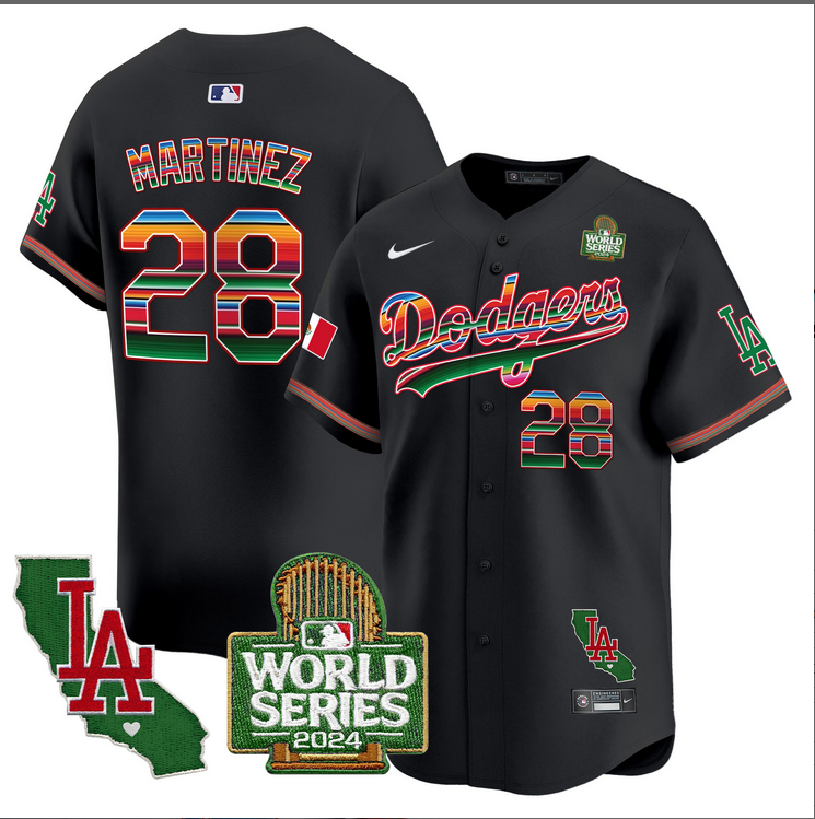 Men MLB Mexico Los Angeles Dodgers #28 Martinez  black 2024 World Series Champions Patch Jersey 2024110 style 2